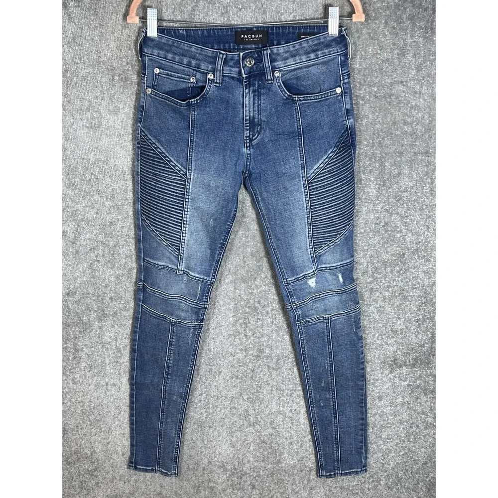 PacSun Stacked Skinny Jeans Mens 28x30 Blue Distressed Stretch Denim 5‎ Pocket